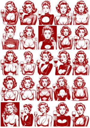Vector Set of Retro Women with Wine Glasses Expressing Various Emotions Free Vector