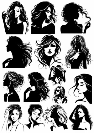Collection of Black and White Women Silhouette Vectors with Various Hairstyles Free Vector