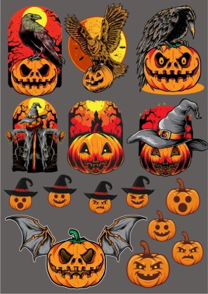 Halloween Pumpkin and Crow Vector Illustrations Collection Free Vector
