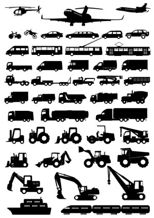 Vector silhouettes of various transportation and construction vehicles Free Vector