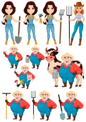 Cartoon Farm Farmers and Animals Vector Set Free Vector