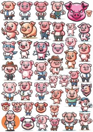Cute Pig Characters in Various Costumes and Expressions Vector Set Free Vector