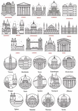 Outline Landmarks of Major European Cities Vector Set Free Vector
