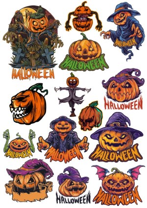 Set of Scary Halloween Pumpkin Characters with Text Free Vector