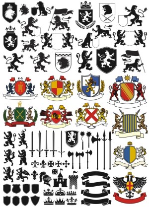 Medieval Heraldry Vector Set with Lions, Shields, Swords, and Crowns Free Vector