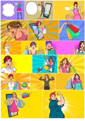 Pop Art Women Shopping and Sale Expressions Vector Collection Free Vector