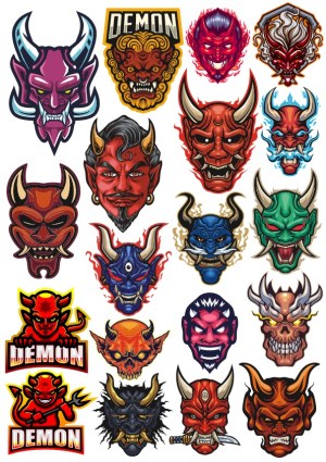Collection of Colorful Demon and Oni Mask Vector Illustrations Free Vector