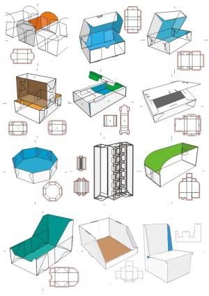 Packaging Box Design Templates with Fold Lines and Assembly Views Free Vector