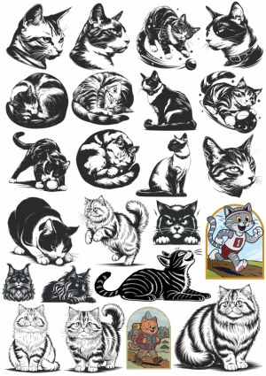 Variety of Black and White Cat Illustrations and Cartoon Cats Free Vector