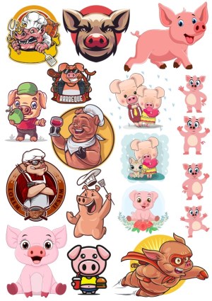 Collection of Cartoon Pig and Chef Pig Character Vector Illustrations Free Vector