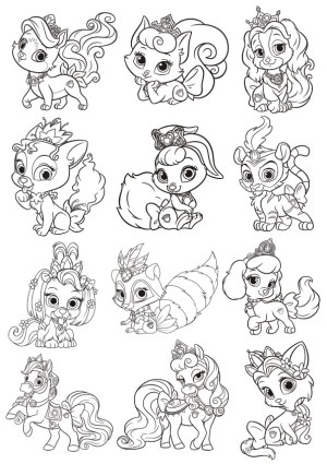Black and White Line Art Cute Princess Animals Collection Free Vector