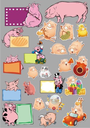 Collection of Cartoon Pig Characters and Decorative Frames Free Vector