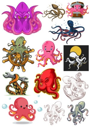 Collection of Cartoon and Stylized Octopus Vector Illustrations Free Vector