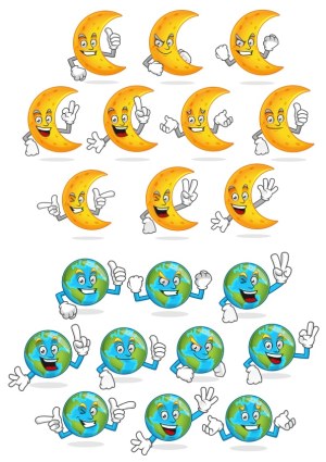 Cartoon Moon and Earth Characters with Various Hand Gestures Free Vector