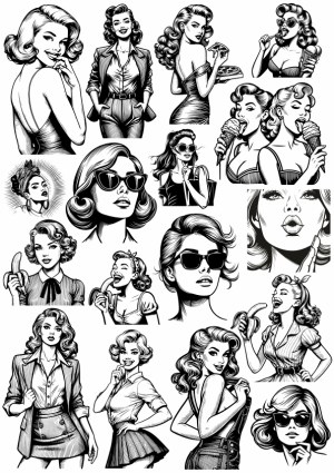 Vintage Black and White Pin-Up Style Women Vector Illustrations Free Vector