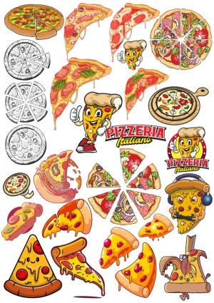 Variety of Colorful and Cartoon Pizza Slices and Whole Pizzas Vector Collection Free Vector