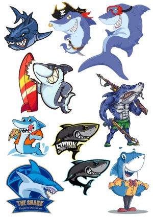 Collection of Cartoon Shark Characters in Various Poses and Themes Free Vector