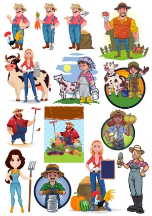 Collection of Farm and Farmer Characters with Animals and Produce Free Vector