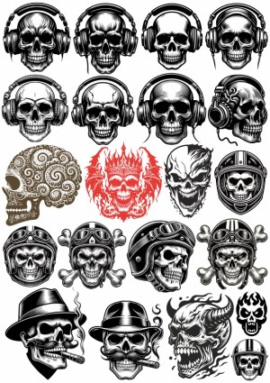 Skull Illustrations with Headphones, Helmets, Hats, and Flames Free Vector