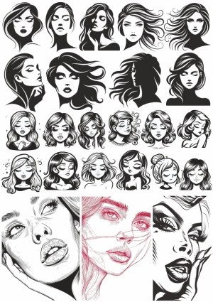Collection of Stylized Female Portrait Vector Illustrations and Line Art Free Vector