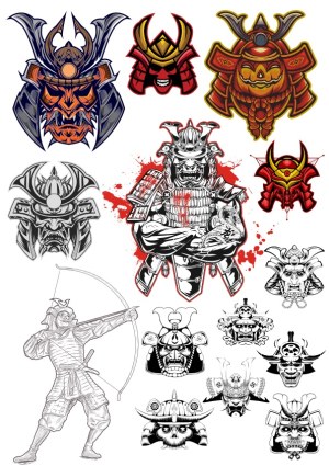 Samurai Helmet and Warrior Vector Designs Free Vector