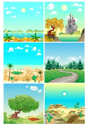 Set of Six Fantasy and Nature Landscape Vector Scenes Free Vector