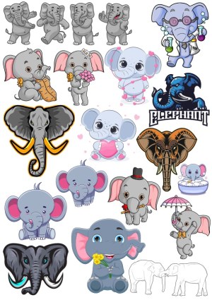 Cute Cartoon Elephant Vector Pack with Various Styles and Expressions Free Vector