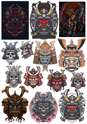 Collection of Stylized Samurai and Oni Masks and Helmets Free Vector