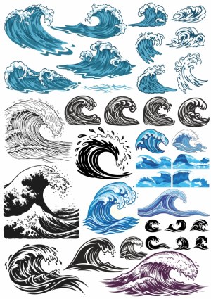 Collection of Stylized Wave and Ocean Vector Illustrations Free Vector