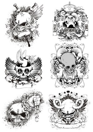 Set of Six Ornamental Black and White Skull Designs with Wings, Crowns, and Chains Free Vector