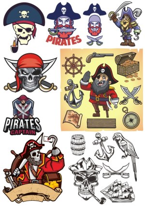 Pirate Characters and Nautical Icons Vector Set Free Vector