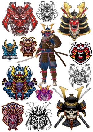 Collection of Colorful and Monochrome Samurai and Oni Masks and Armor Vectors Free Vector