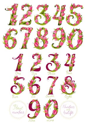 Floral Numbers with Pink Tulips Vector Set Free Vector