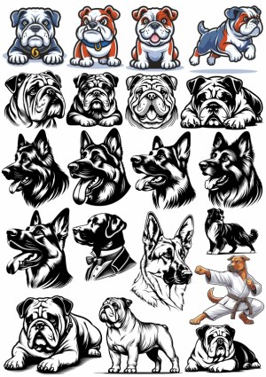 Decorative Bulldog, German Shepherd and Dog Vector Illustrations Set Free Vector