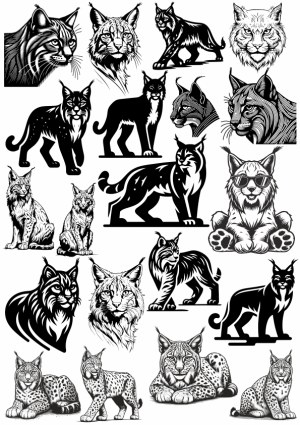 Collection of Black and White Lynx Illustrations and Silhouettes Free Vector