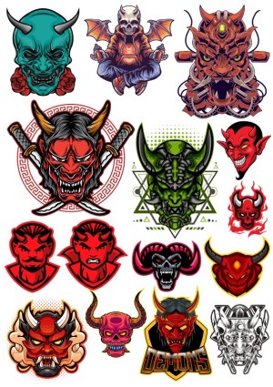 Set of Colorful Demon and Oni Masks with Various Expressions and Designs Free Vector