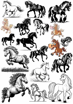 Collection of Black and White and Cartoon Horse Illustrations Free Vector