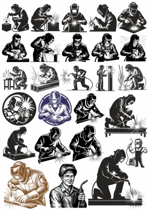 Set of Welding Worker Silhouettes and Icons Free Vector