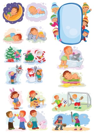 Collection of Cute Kids Activities and Seasonal Scenes Vector Set Free Vector