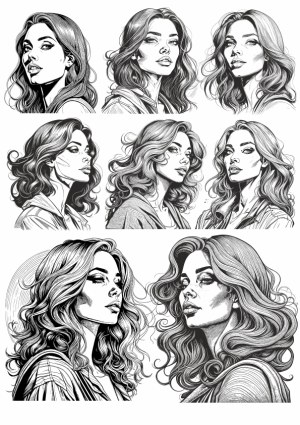 Hand-Drawn Vector Illustrations of a Woman with Flowing Hair in Various Poses Free Vector