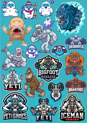 Collection of Yeti, Bigfoot, and Sasquatch Character Vector Illustrations and Logos Free Vector