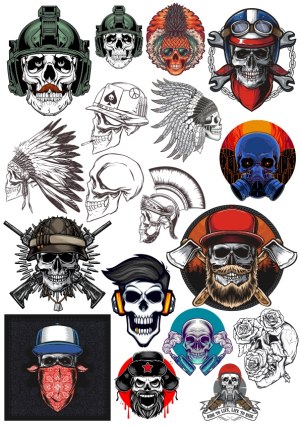 Collection of Skull Illustrations with Various Helmets and Accessories Free Vector