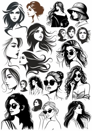 Collection of Stylish Women's Black and White Vector Portraits Free Vector