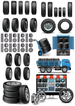Vector Collection of Various Tires, Rims, and Tire Transport Scenes Free Vector