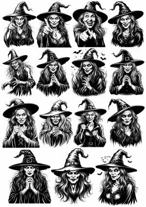 Set of 16 Detailed Witch Illustrations in Black and White Free Vector