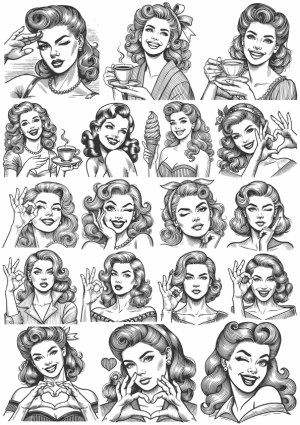 Vintage Style Women Portraits with Various Expressions and Gestures Free Vector