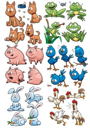 Cartoon Animal Characters Set with Dogs, Frogs, Pigs, Blue Birds, Rabbits, and Roosters Free Vector
