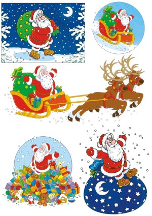 Cartoon Santa Claus with Gifts, Sleigh, Reindeer, and Snow Scenes Free Vector