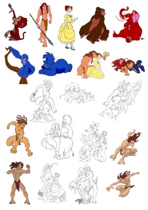 Set of Tarzan and Jane Cartoon Characters in Various Poses and Sketches Free Vector