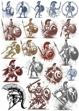 Collection of Spartan Warrior Vector Illustrations with Shields and Spears Free Vector